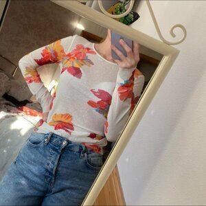 NWOT Zara White Pink Floral Semi Sheer‎ Casual Blouse Top Shirt Small S 2 4 6